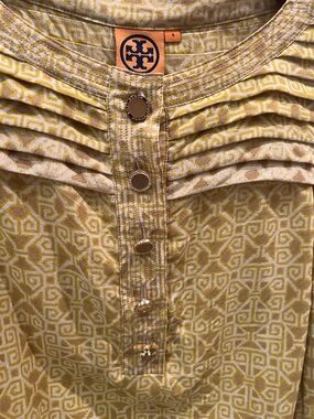 Tory Burch Mustard Geometric Pleated Yoke Blouse